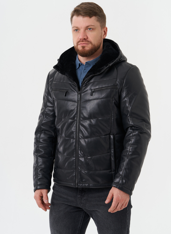 Утепленная куртка из эко кожи с капюшоном
