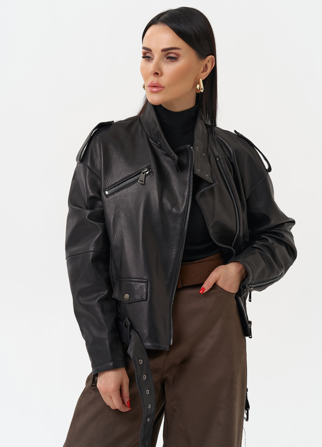 Куртка косуха из натуральной кожи модель № 30162 меха малина