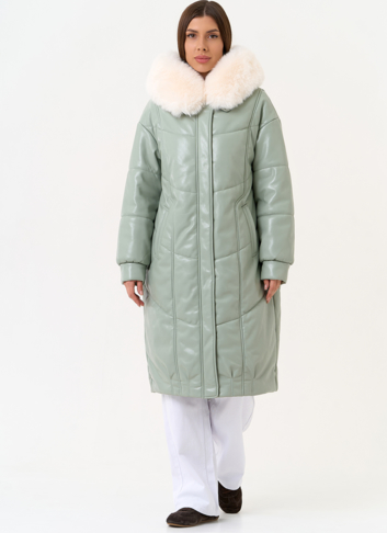 Женский пуховик из эко кожи с отделкой из эко меха