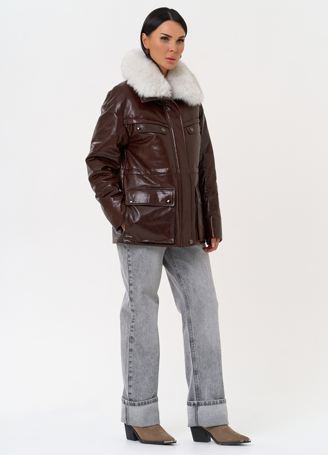 Коричневый кожаный пуховик модель № 31570 универмаг малина