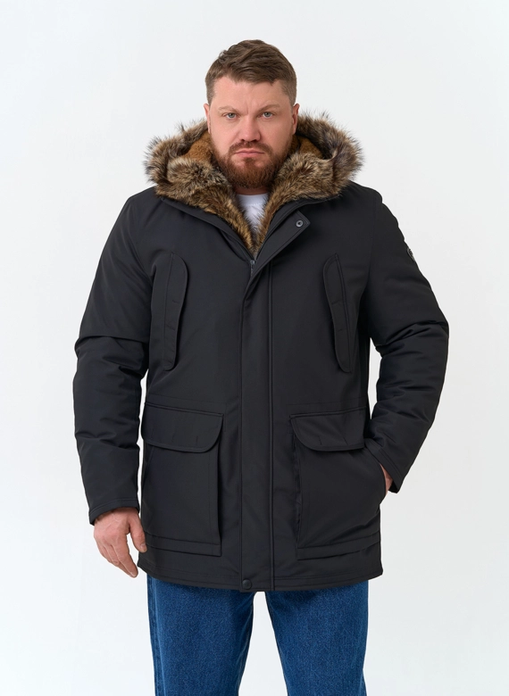 Полупальто с капюшоном из меха енота фото