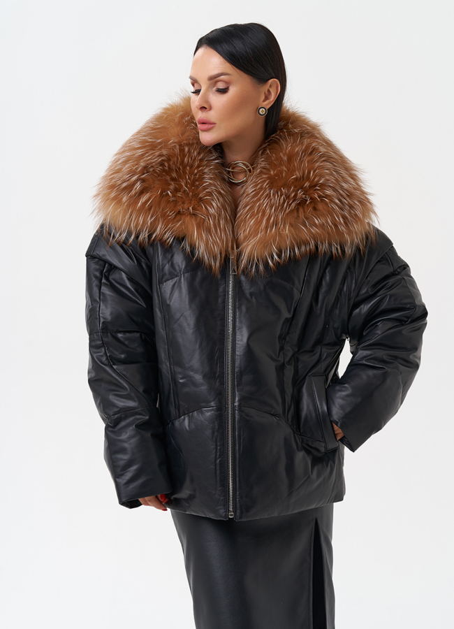 Женский кожаный пуховик с отделкой из натурального меха модель № 28911 универмаг малина