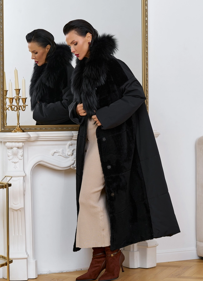 Комбинированное женское зимнее пальто в черном цвете модель № 31402 в кредит