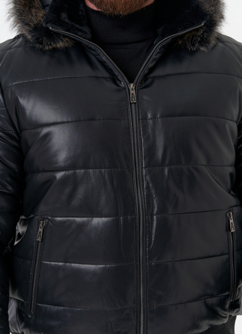 Пуховик из эко кожи черного цвета 