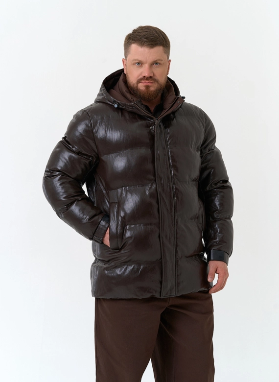 Мужской пуховик из эко кожи с капюшоном фото