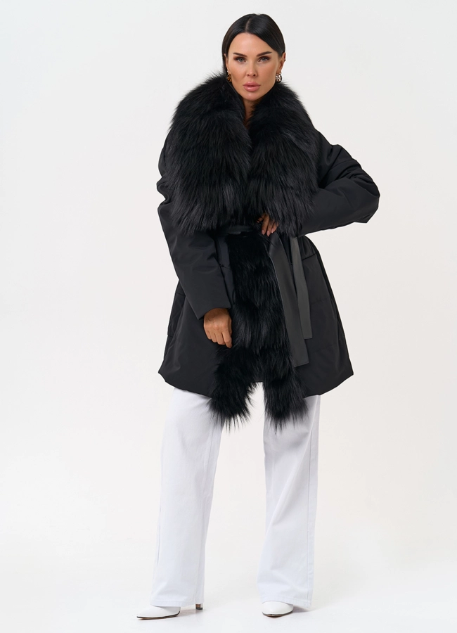 Женское зимнее полупальто черного цвета с мехом лисы модель № 31406 универмаг малина