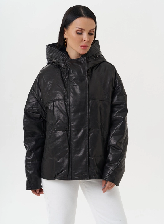 Утепленная куртка из натуральной кожи с капюшоном фото