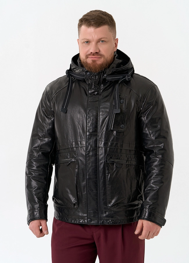 Мужская куртка из натуральной кожи с капюшоном модель № 32548 в кредит