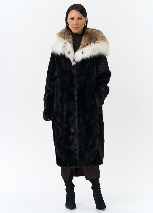 Норковая шуба черного цвета с рысью модель № 25004 меха малина