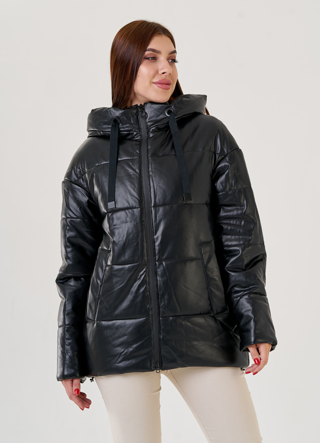 Черный пуховик Malina Siberian из искусственной кожи модель № 79132 универмаг малина