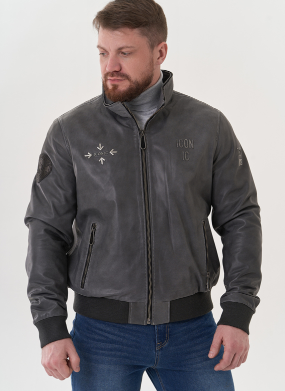 Мужская кожаная куртка "бомбер" с капюшоном