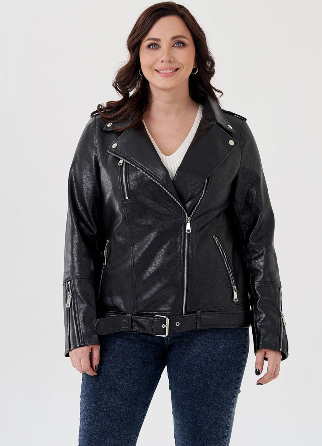 Удлиненная куртка косуха в черном цвете с ремнем модель № 695 в рассрочку