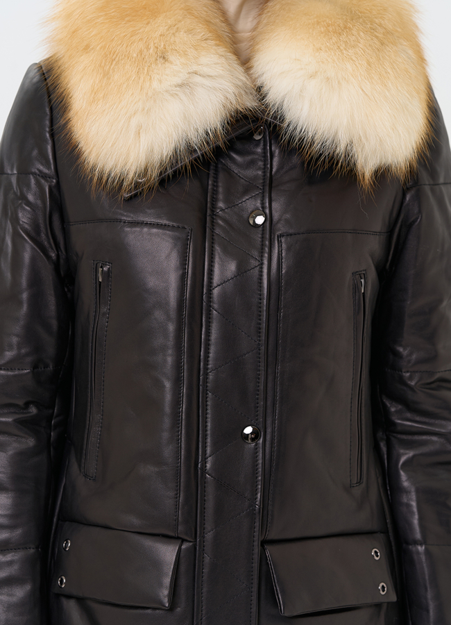 Кожаный пуховик с воротником из лисы модель № 19919 в рассрочку