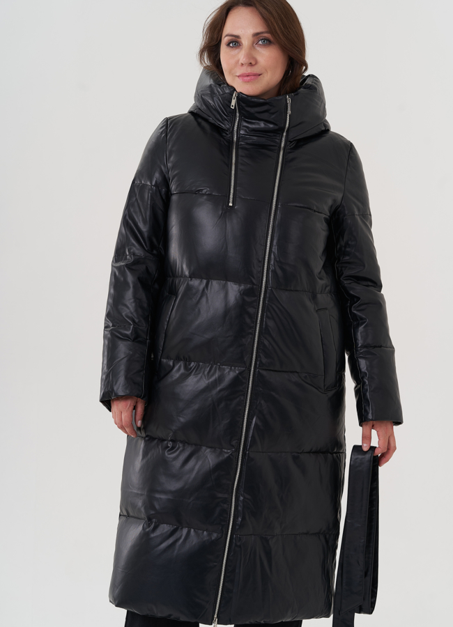 Женский пуховик из эко кожи с капюшоном модель № 24865 универмаг малина