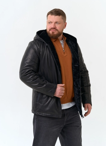Мужская натуральная дубленка с капюшоном фото