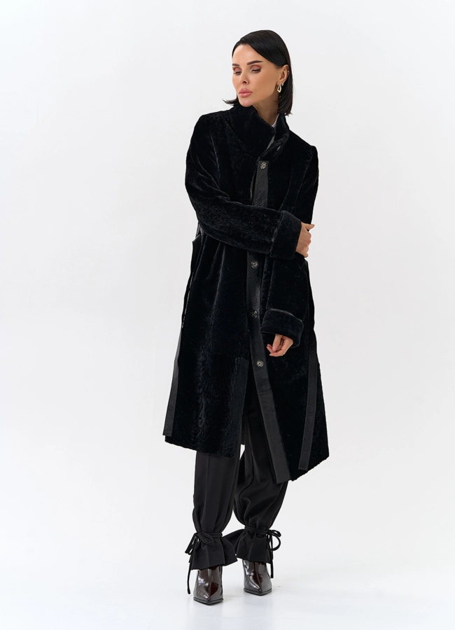 Женская двухсторонняя дубленка с поясом модель № 32198 универмаг малина