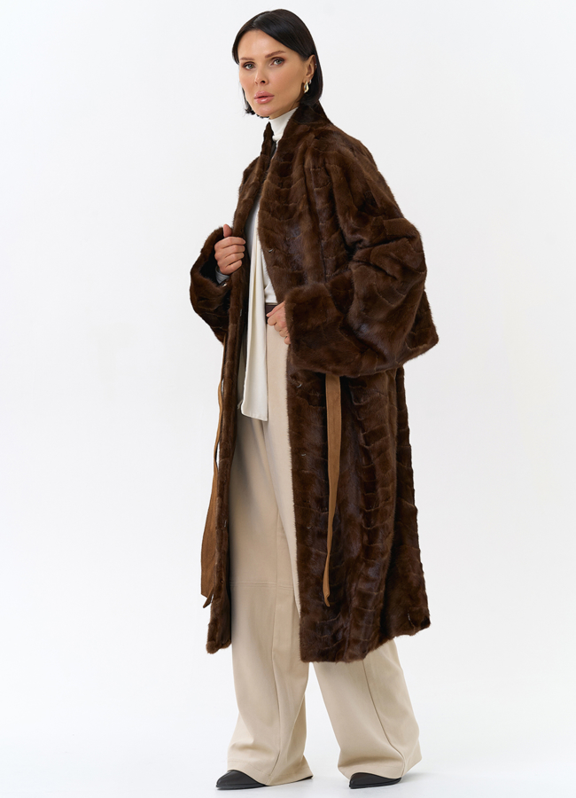 Шуба из меха норки с поясом модель № 31184 универмаг малина