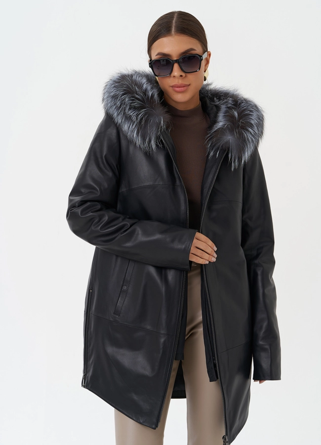 Утепленное полупальто из натуральной кожи с капюшоном  модель № 20201 меха малина