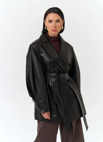 Жакет из натуральной кожи с поясом фото