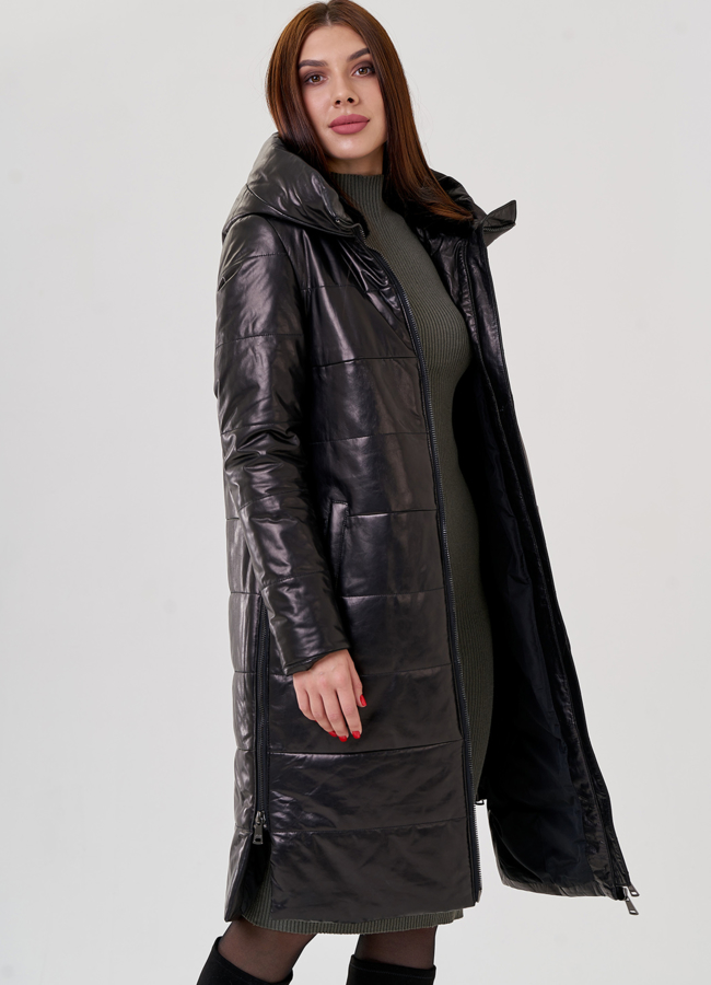 Женский пуховик из натуральной кожи с капюшоном  модель № 18231 универмаг малина