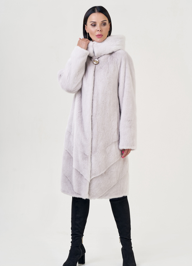 Светлая шуба из норки с капюшоном модель № 25817 универмаг малина