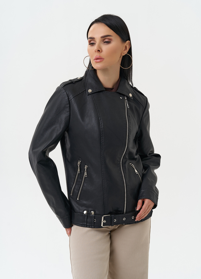 Куртка косуха из эко кожи черного цвета модель № 30379 в кредит