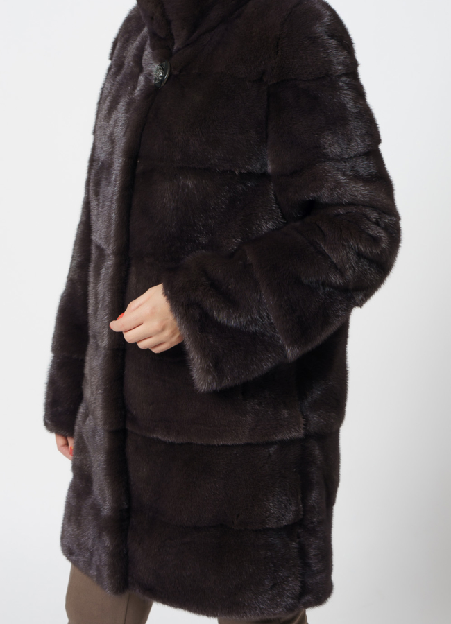 Норковая шуба с воротником стойкой коричневого цвета модель № 26159 универмаг малина