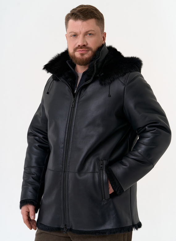 Мужская дубленка черного цвета с капюшоном