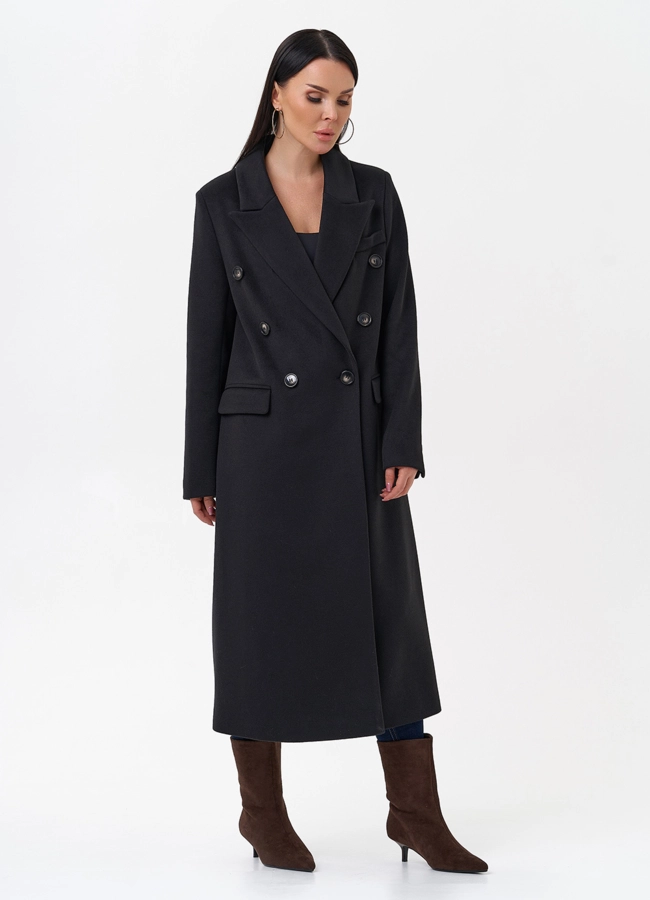 Длинное двубортное пальто с английским воротником модель № 29543 меха малина