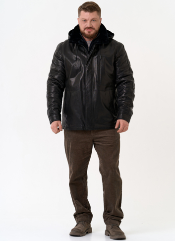 Мужская дубленка черного цвета с капюшоном