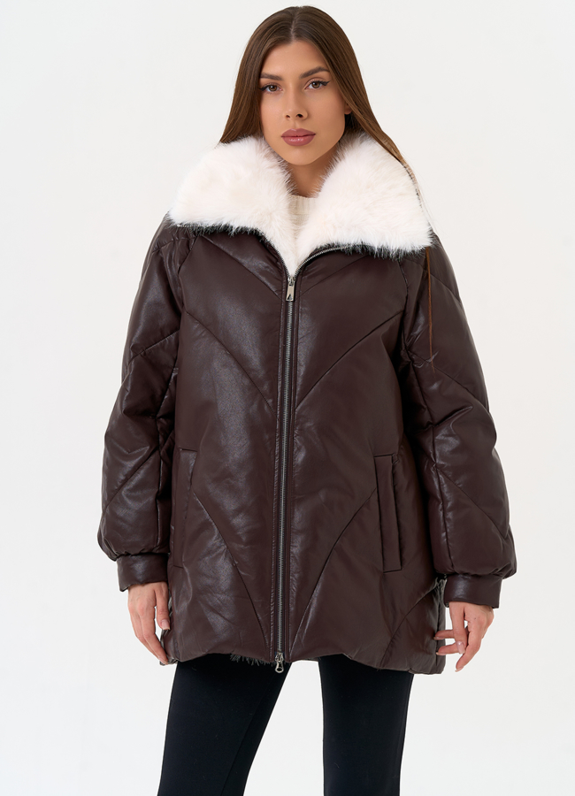 Женский пуховик из эко кожи коричневого цвета модель № 30712 в рассрочку