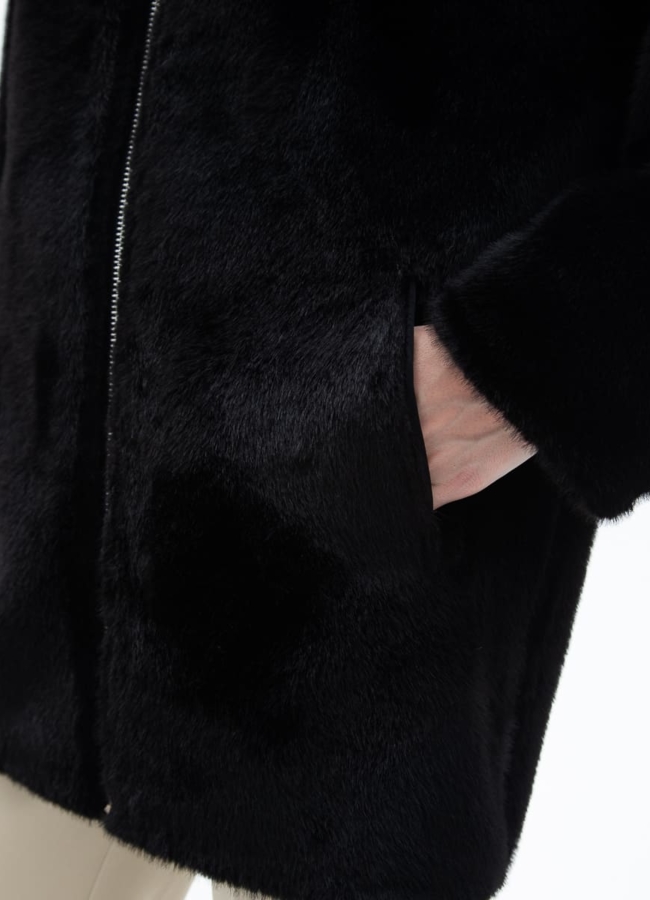 Женская двухсторонняя дубленка из эко кожи с капюшоном модель № 32028 универмаг малина