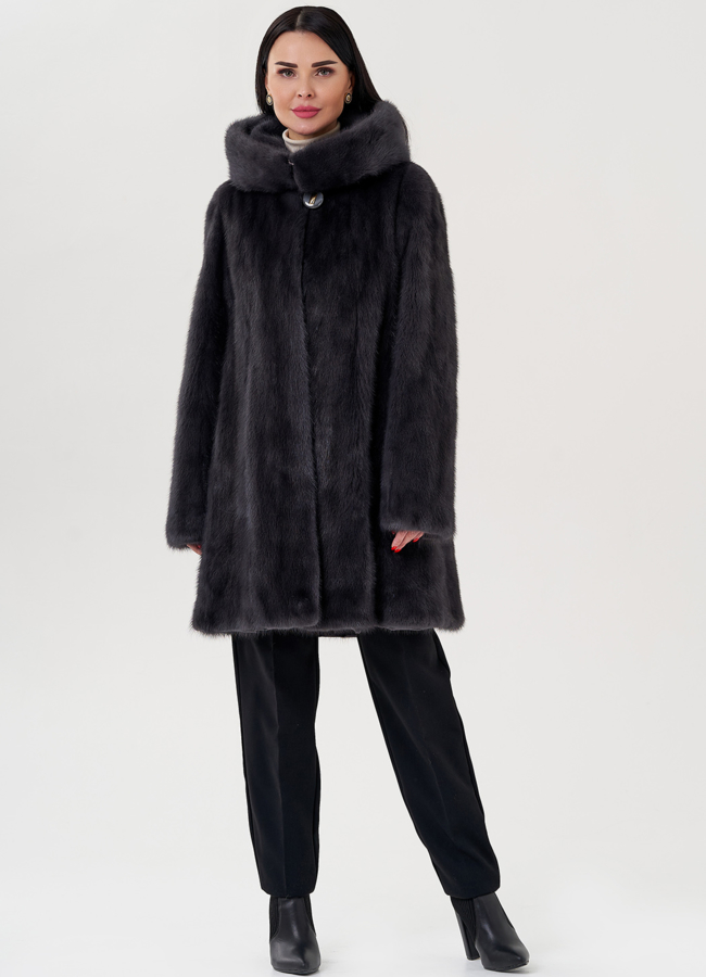 фото Норковая шуба балетка, в цвете графит с капюшоном модель № 25006