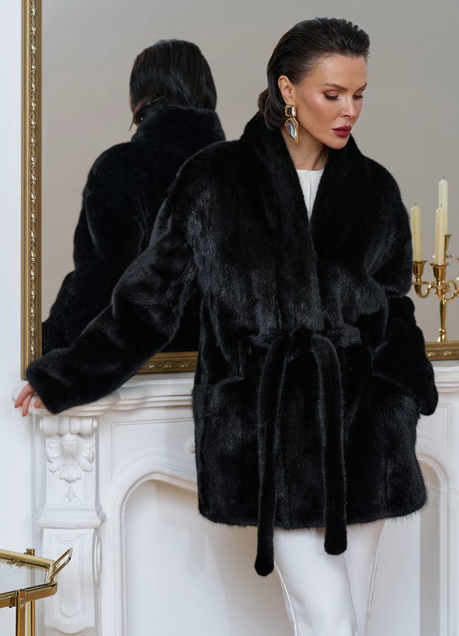 Шуба из меха норки с поясом модель № 31646 универмаг малина