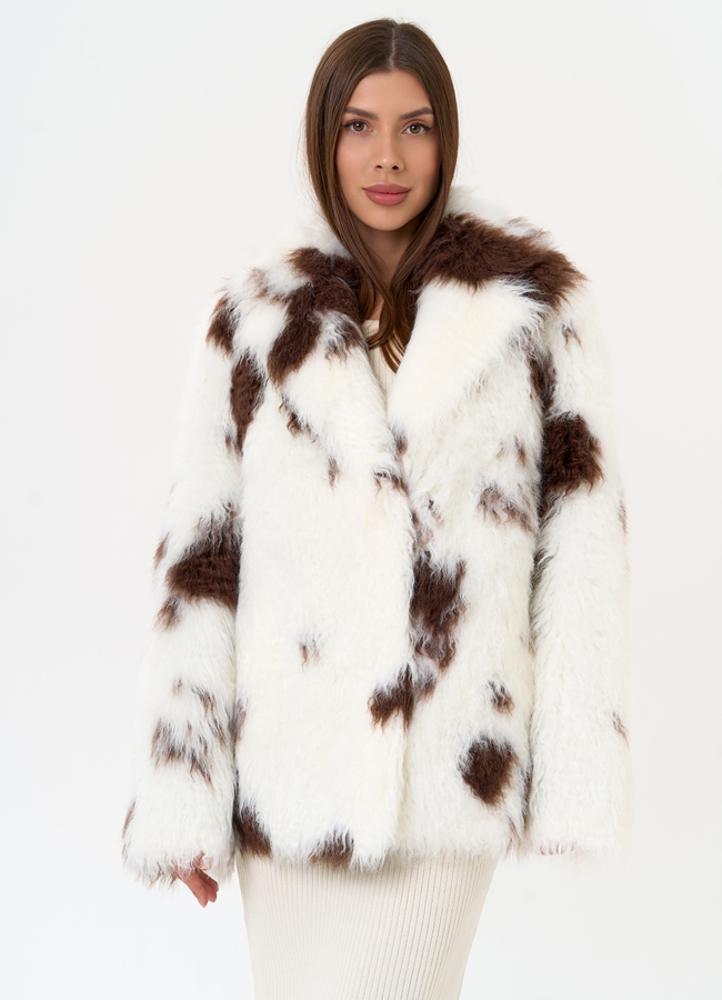 Женская шуба из эко меха с анималистическим принтом модель № 31527 меха малина
