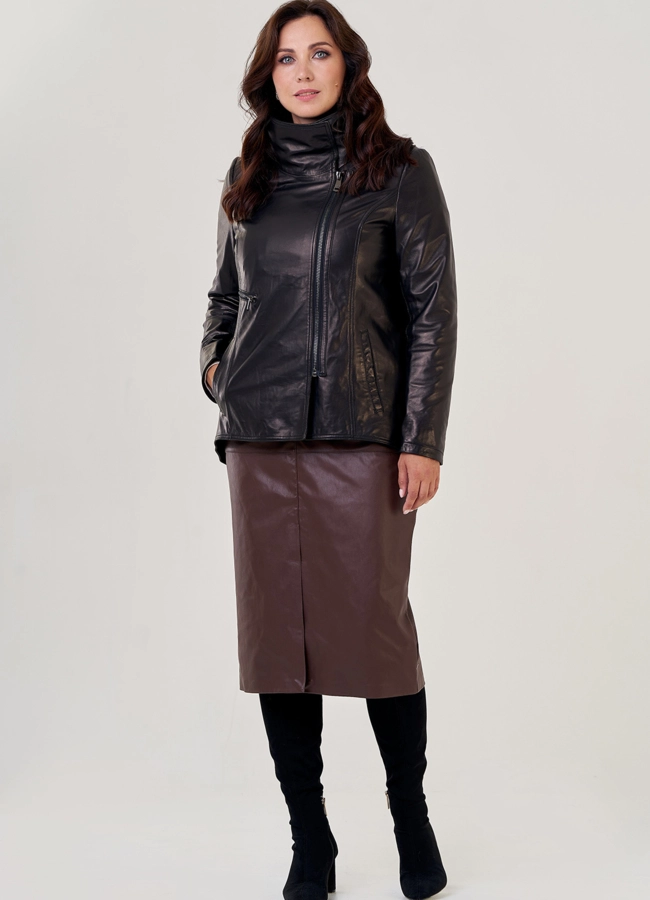 фото Кожаная куртка на молнии в черном цвете модель № 10703