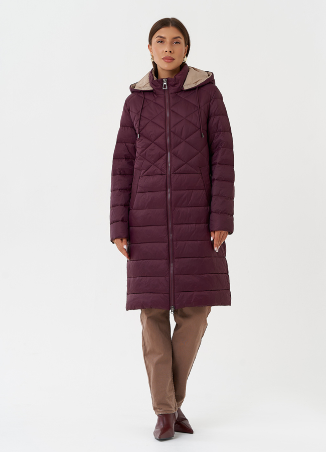 фото Стеганый пуховик бордового цвета с капюшоном модель № 28294