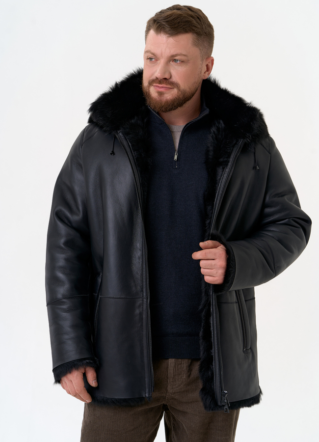 Мужская дубленка черного цвета с капюшоном модель № 31792 универмаг малина